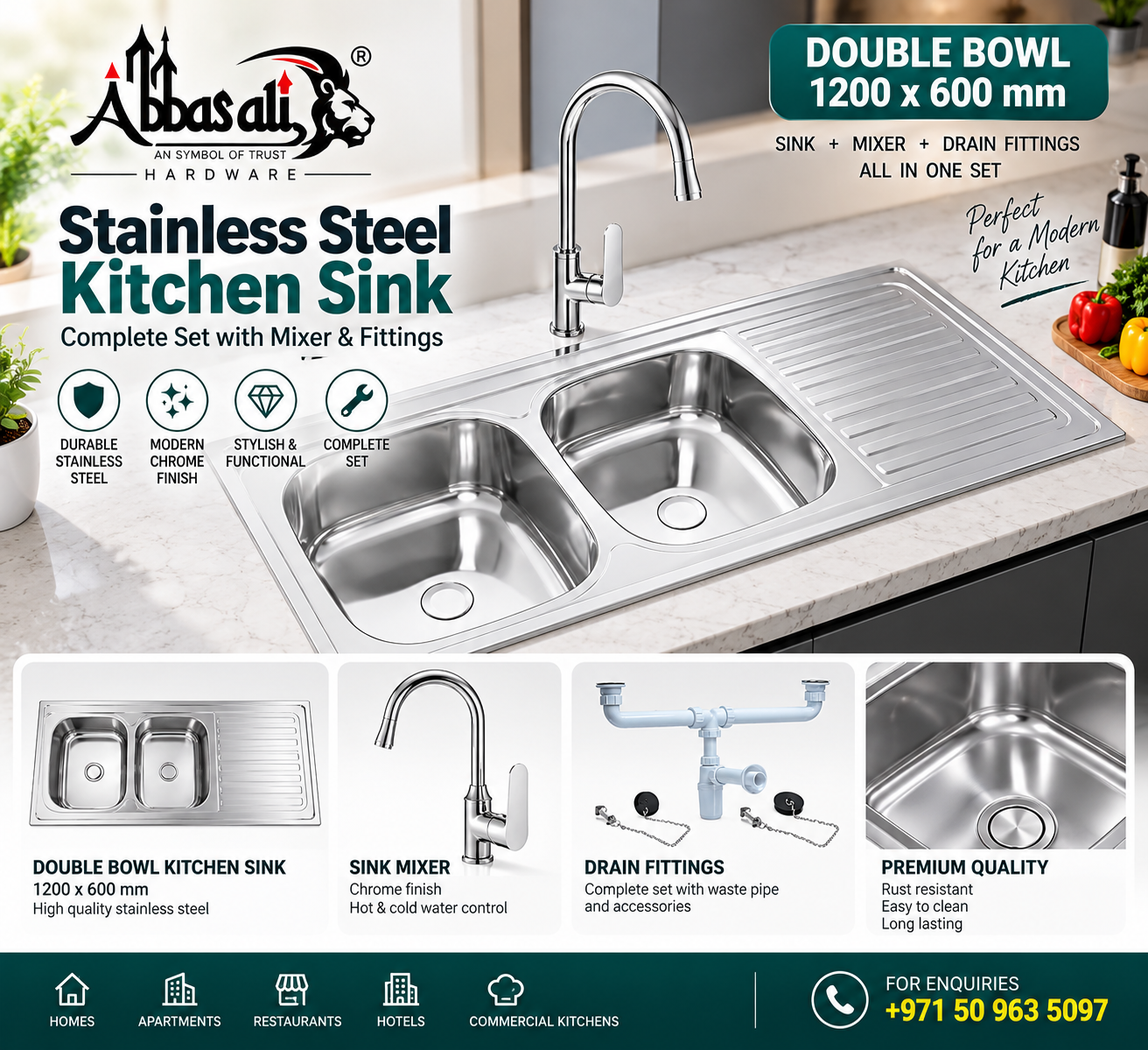 Stainless Steel Double Bowl Kitchen Sink Complete Set