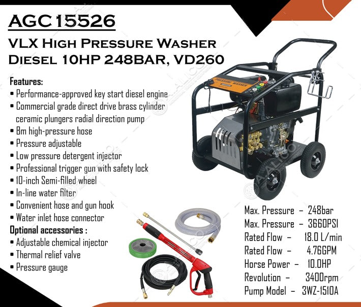 VLX High Pressure Washer Diesel 10HP 248BAR, VD260