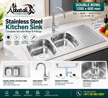 Stainless Steel Double Bowl Kitchen Sink Complete Set