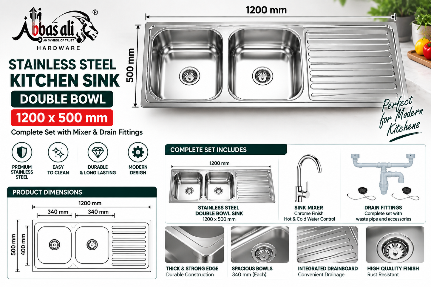 Stainless Steel Double Bowl Kitchen Sink Complete Set