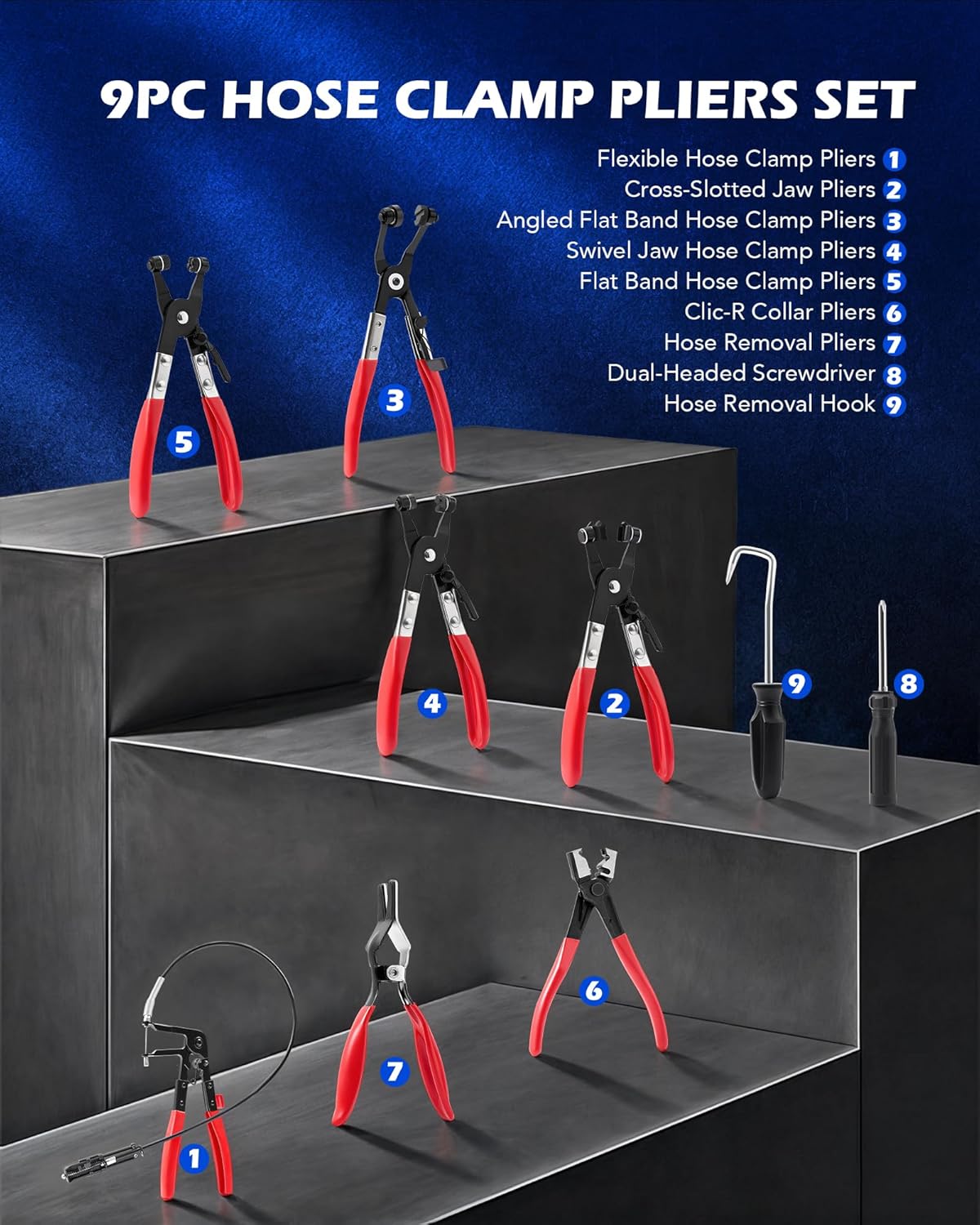 Abbasali Hose Clamp Plier Set, 9 Piece Flexible Wire Long Reach Hose Clamp Plier