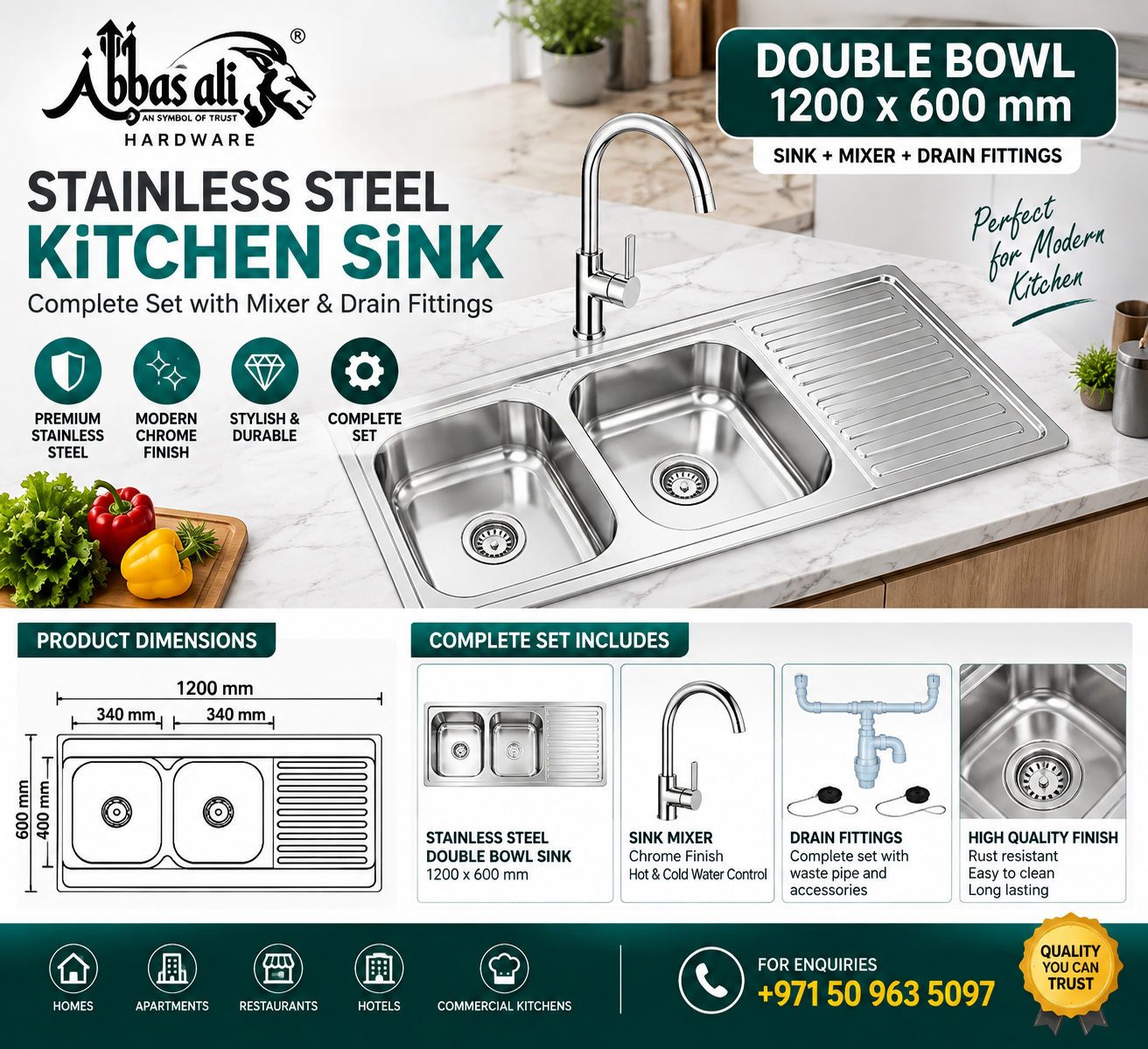 Stainless Steel Double Bowl Kitchen Sink Complete Set
