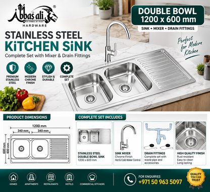 Stainless Steel Double Bowl Kitchen Sink Complete Set