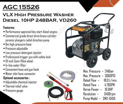 VLX High Pressure Washer Diesel 10HP 248BAR, VD260
