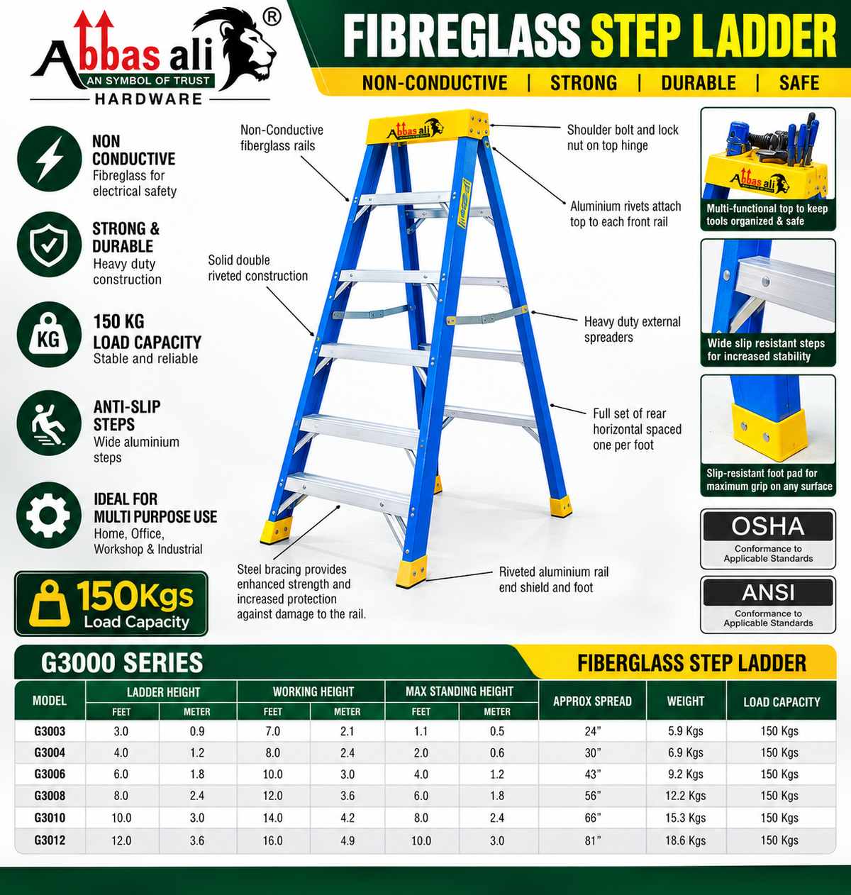 Fiberglass 6 Step Ladder – 150 KG Heavy Duty