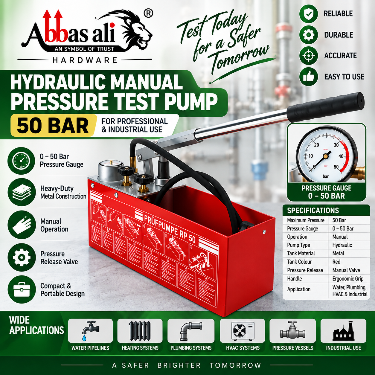 Hydraulic Manual Pressure Test Pump 50 Bar Pressure Test Pump